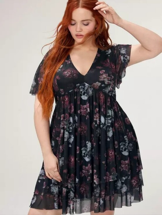 torrid Dresses & Skirts - Torrid Nightfall Tiered Mesh Ryley Skull Floral Black V-Neck Mini Dress Plus 2X